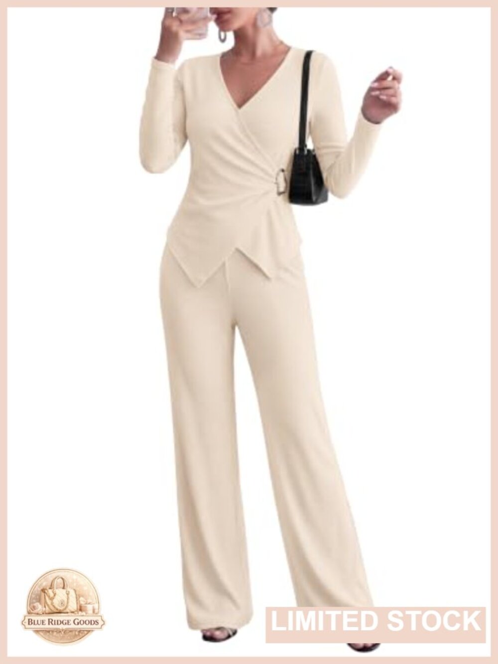 Women 2 Piece Lounge Set Long Sleeve V Neck Top & Wide Leg Pants